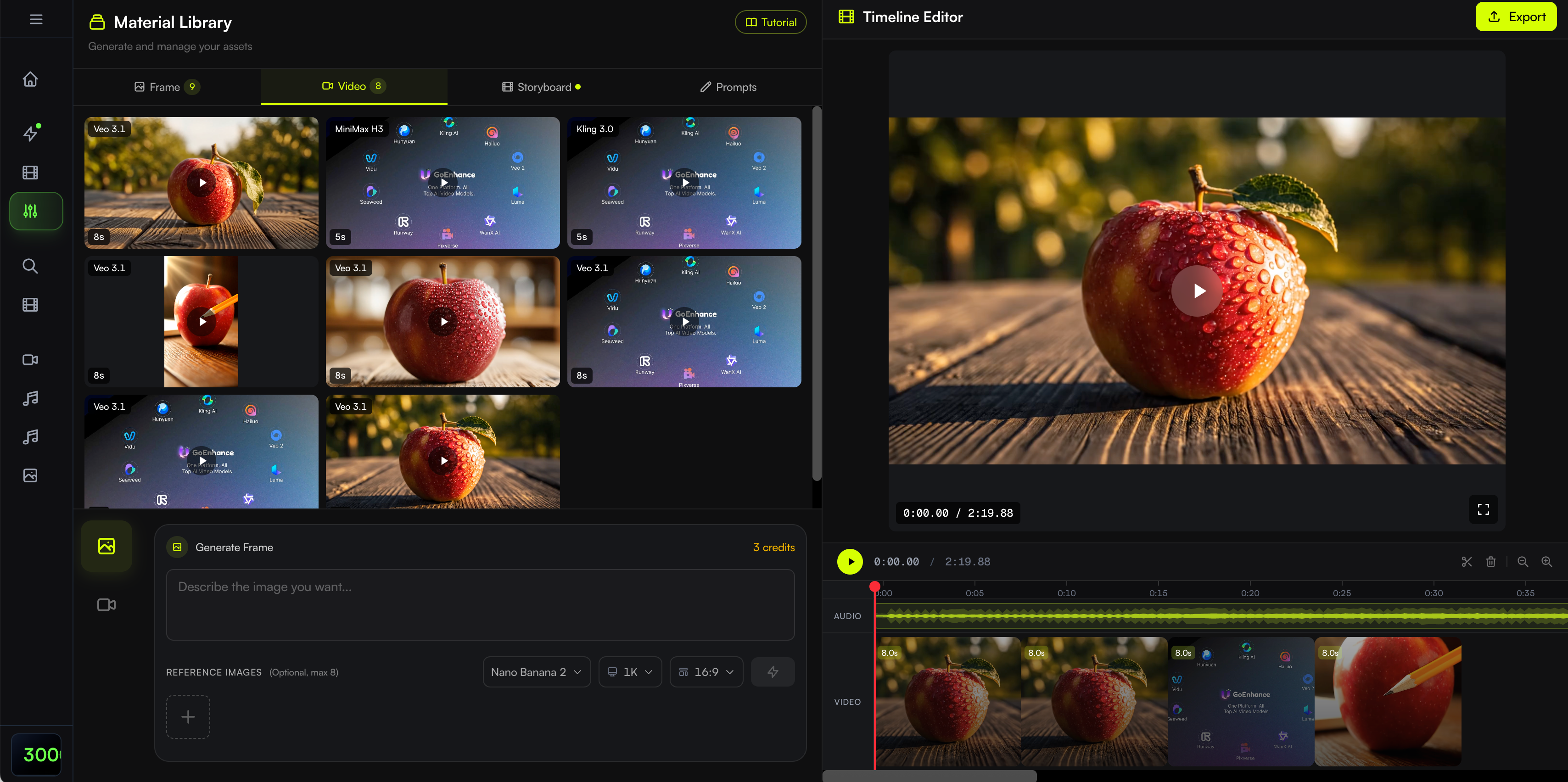 BeatViz Editor timeline for editing AI music video clips and lip sync