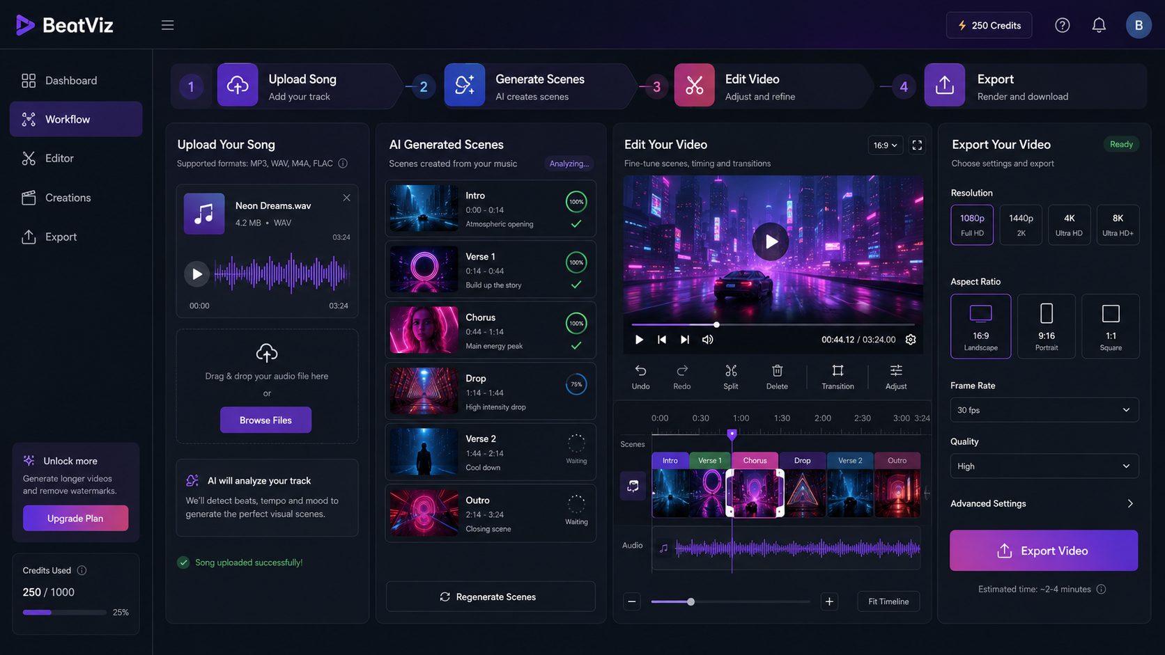 BeatViz AI music video generator workflow from audio to export