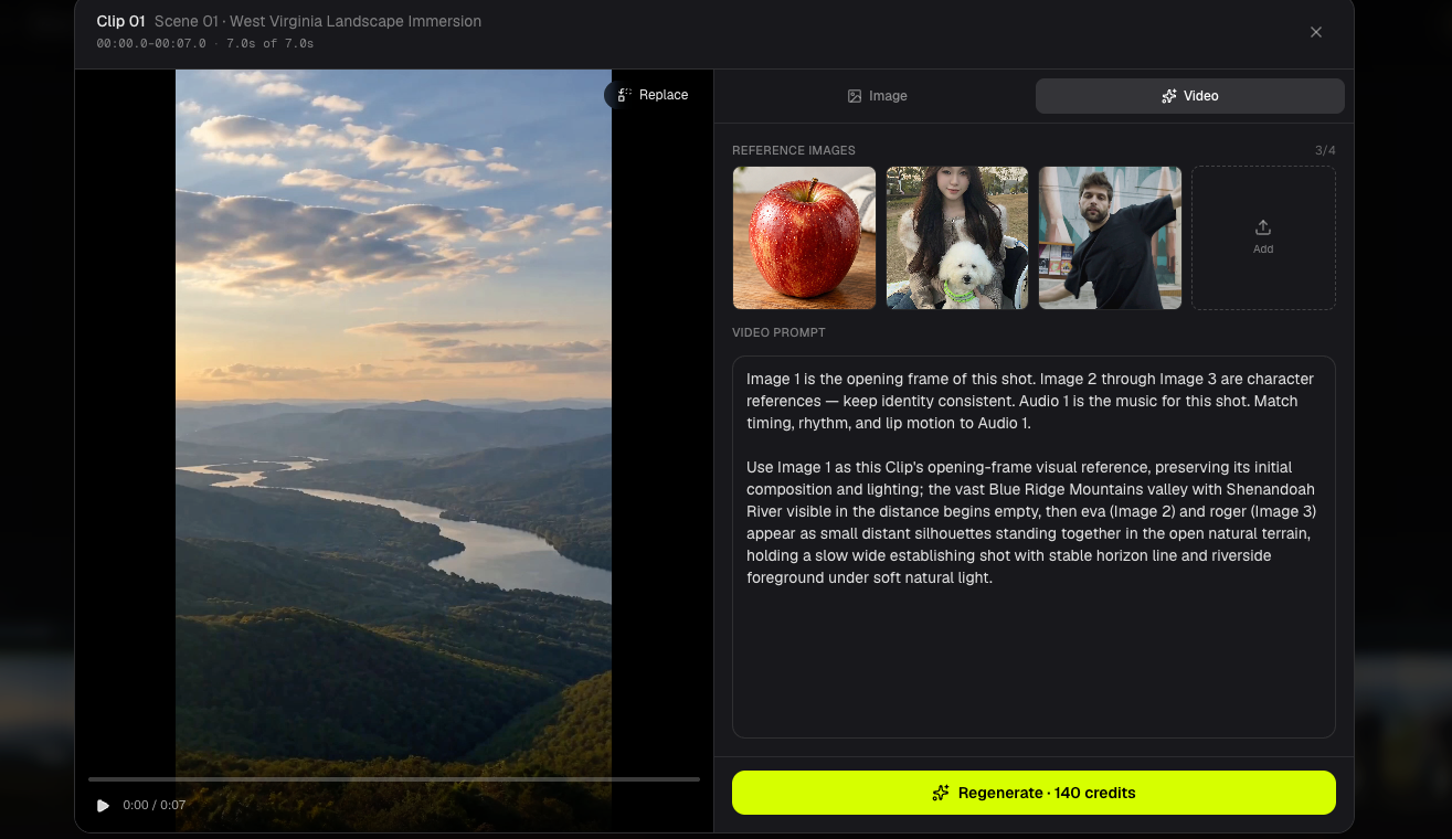 Clip editor Video tab with references, Video Prompt, and Generate