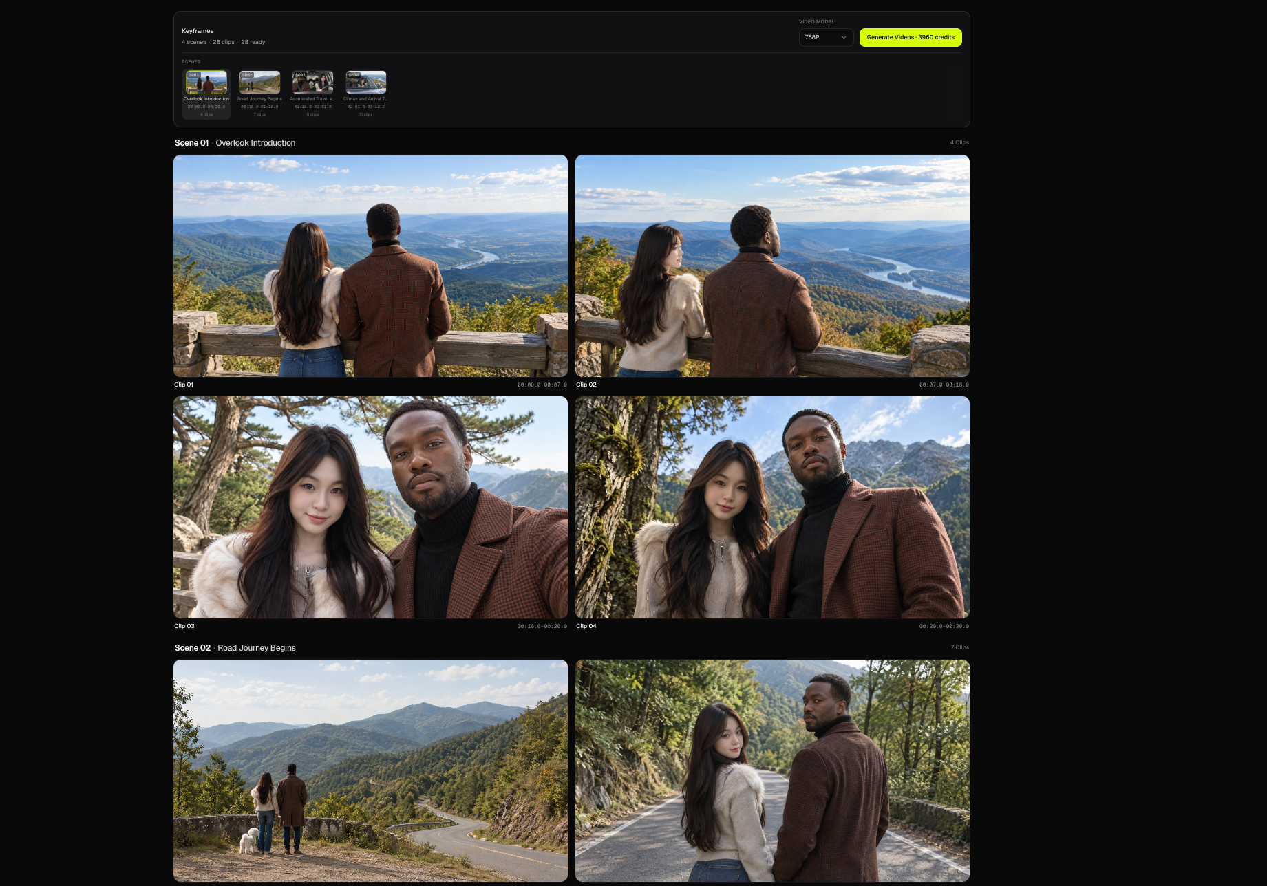 Keyframe-gitter med opening frames grupperet pr. scene