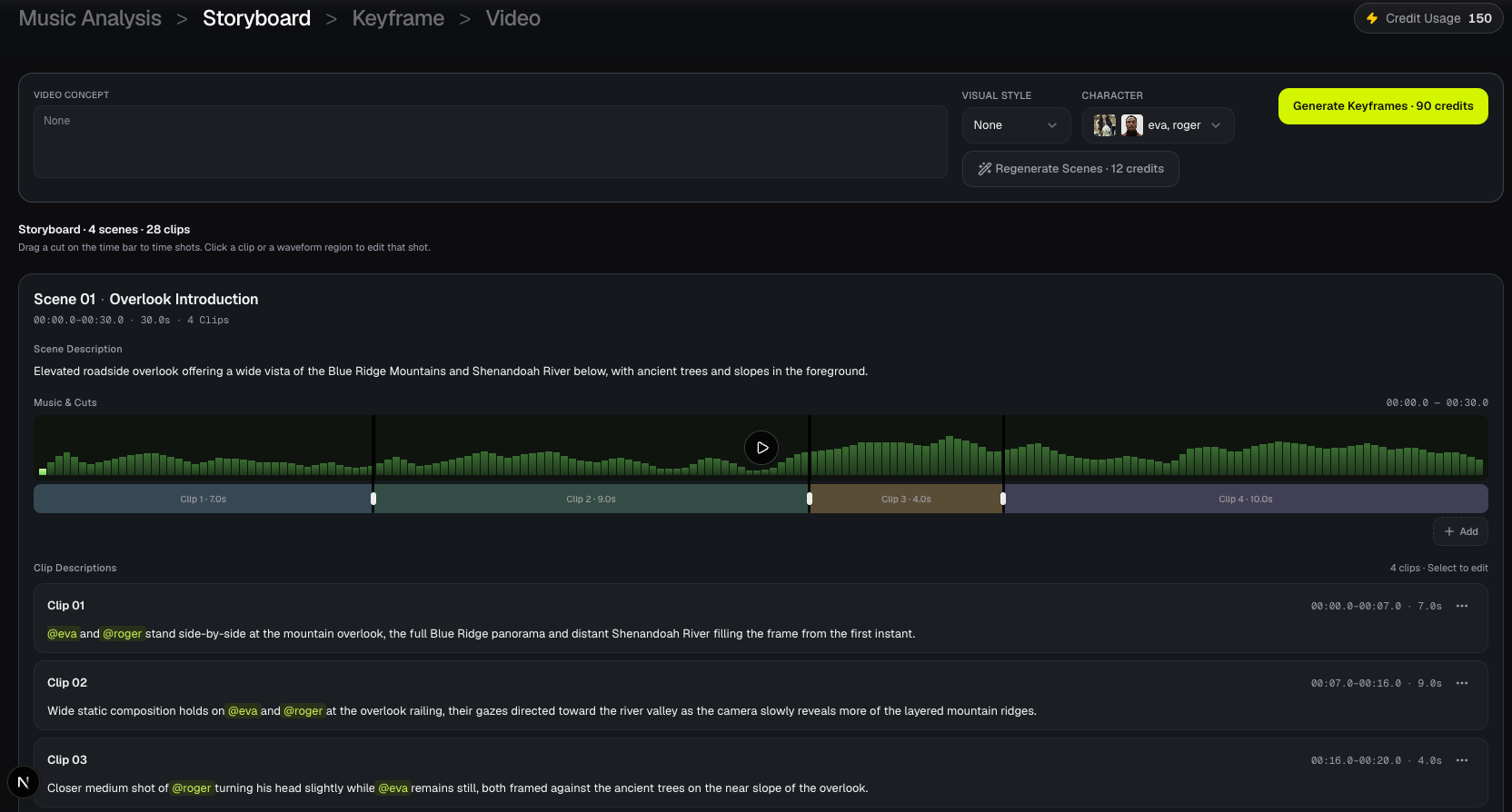 Storyboard scene with description, Music and Cuts waveform, and clip list